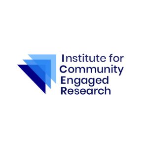 Logo has three overlapping triangles pointing upto the right, in dark to light blue. To the right of the triangles are the words Institute for Community Engaged Research.
