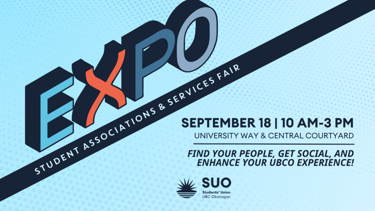 Graphic that includes the text Student Associations and Services Fair, September 18 from 10 am – 3 pm at the University Way and Central Courtyard. Find your people, get social and enhance your UBCO experience.