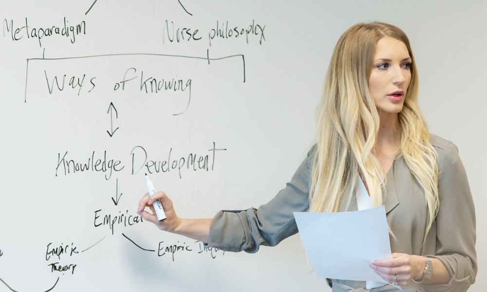 Professor Laura Struik standing in front of a whiteboard with notes on the board.