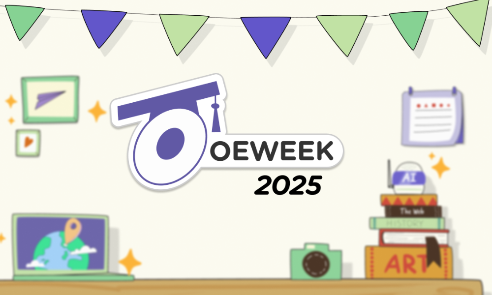 OE Week 2025. Illustration of a desk with books camera and other items on it.